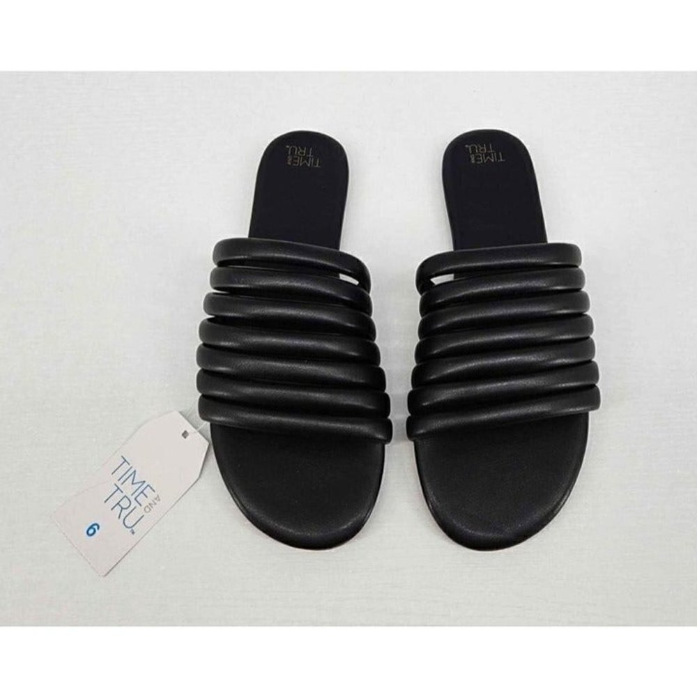 New Time and Tru Womens Multi Tubular Band Black Slide Sandals Size 6